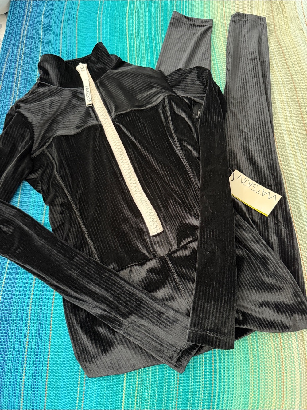 WATSKIN Rae Catsuit in Black Corduroy Velvet  Zip-Front Jumpsuit